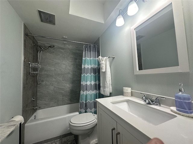 full bathroom with vanity, shower / bathtub combination with curtain, and toilet