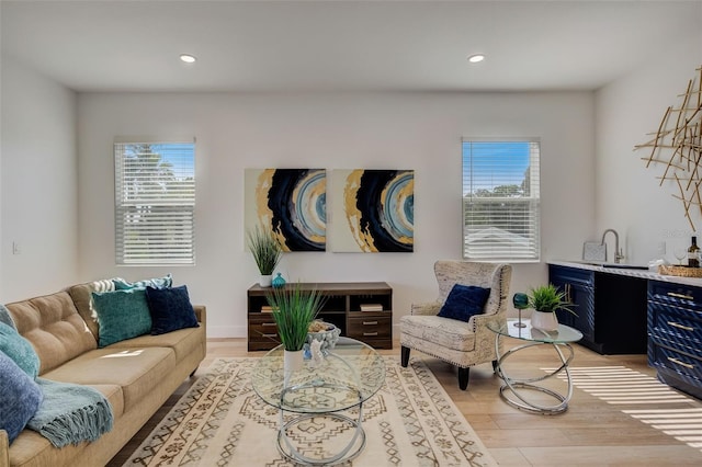 living room featuring light hardwood / wood-style floors, indoor wet bar, and a wealth of natural light