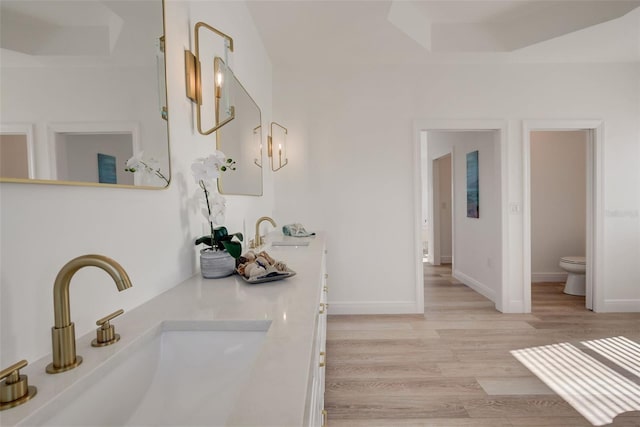 bathroom with a raised ceiling, vanity, hardwood / wood-style floors, and toilet