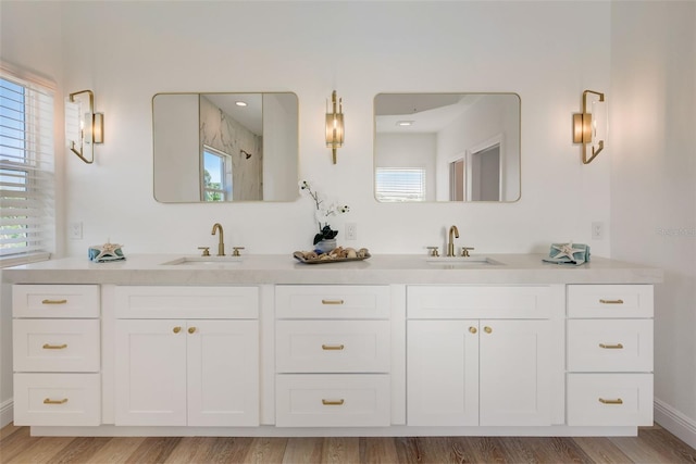 bathroom featuring vanity, plenty of natural light, and wood-type flooring