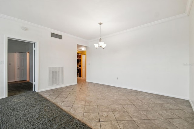 unfurnished room with crown molding, a notable chandelier, and tile patterned flooring