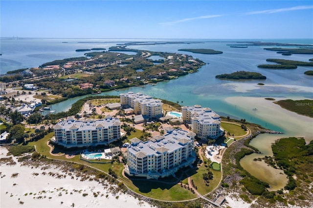 bird's eye view with a water view