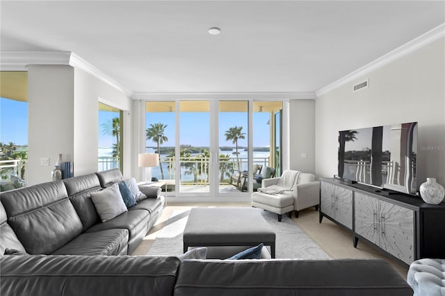 living room featuring plenty of natural light, crown molding, and a water view