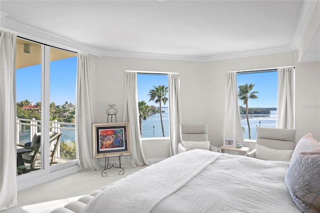 bedroom featuring light colored carpet, access to outside, crown molding, and a water view