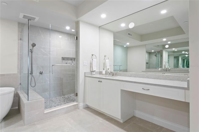 bathroom with independent shower and bath, tile flooring, and double sink vanity