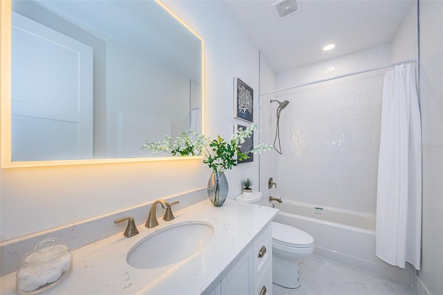 full bathroom featuring tile floors, vanity, shower / bathtub combination with curtain, and toilet