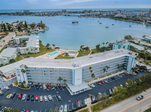 drone / aerial view featuring a water view