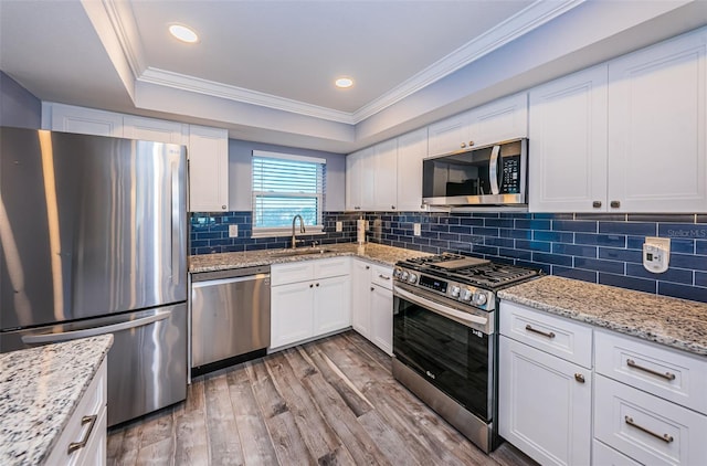 kitchen featuring light wood-style flooring, appliances with stainless steel finishes, a raised ceiling, and a sink