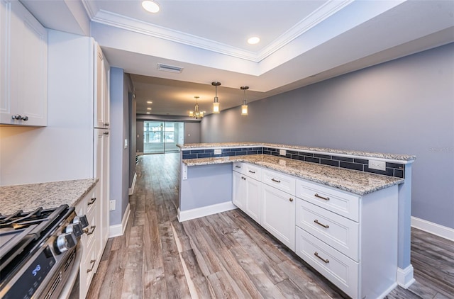 kitchen with visible vents, dark wood-type flooring, white cabinets, crown molding, and a raised ceiling