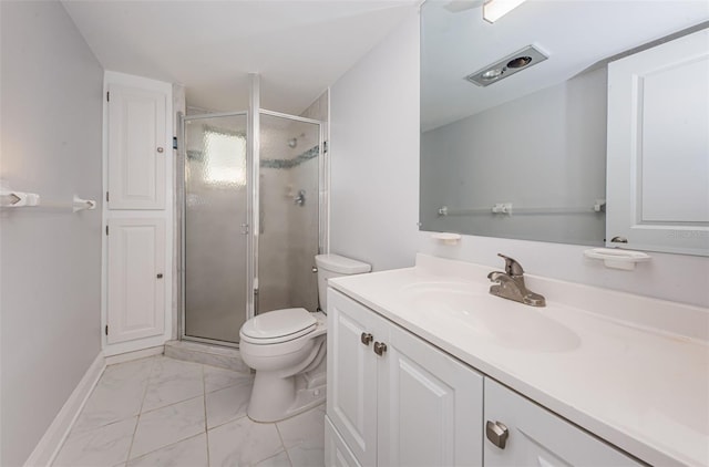 full bathroom with vanity, baseboards, a stall shower, toilet, and marble finish floor