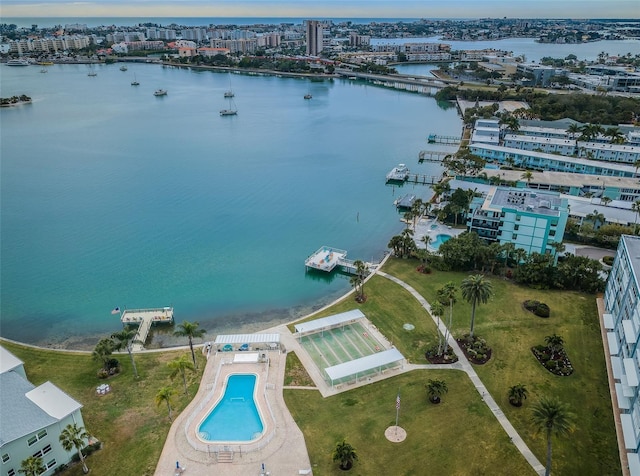 drone / aerial view featuring a water view