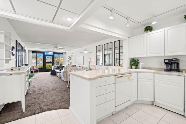 kitchen featuring white cabinets, ceiling fan, white dishwasher, and french doors