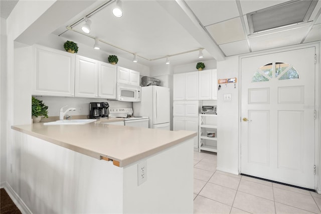 kitchen with kitchen peninsula, white appliances, track lighting, sink, and white cabinets