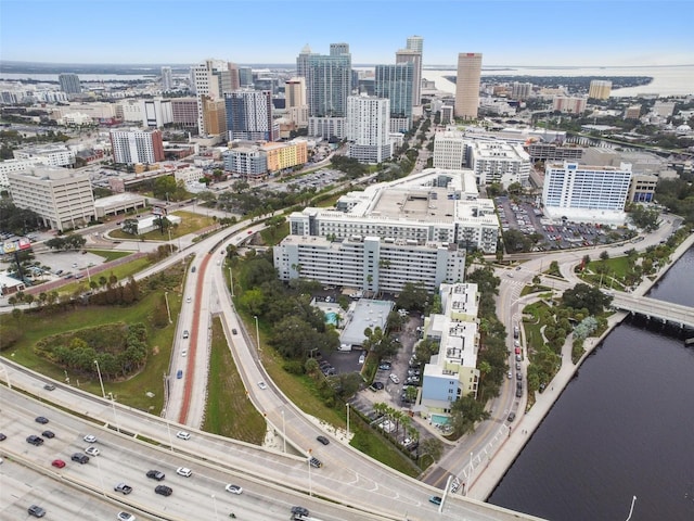 drone / aerial view featuring a water view