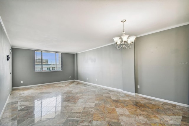 spare room featuring ornamental molding, light tile flooring, and a chandelier