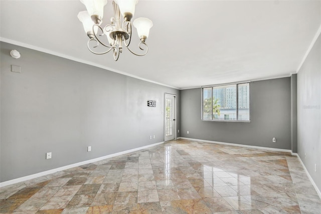 unfurnished room featuring a chandelier, light tile flooring, and ornamental molding