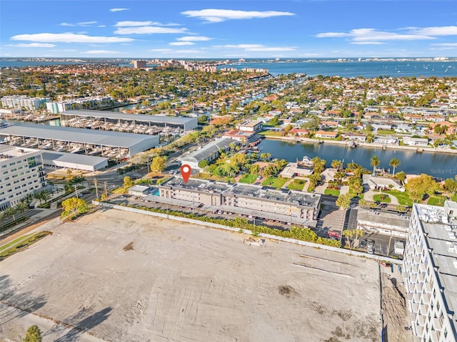 drone / aerial view with a water view