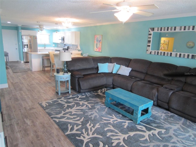 living room with ceiling fan, a textured ceiling, light hardwood / wood-style floors, and crown molding