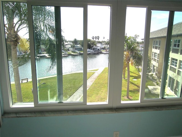 interior space with a water view