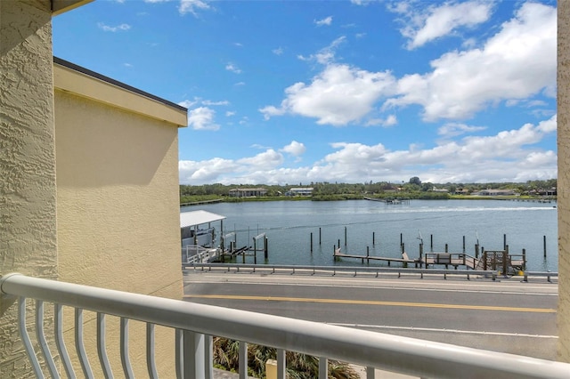 view of water feature with a boat dock