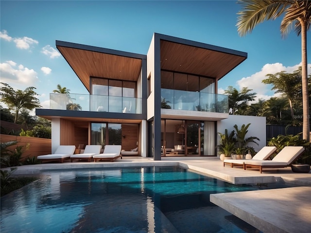 rear view of house with a balcony, a patio area, and a fenced in pool