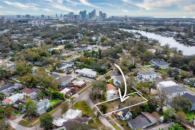 bird's eye view with a water view and a city view