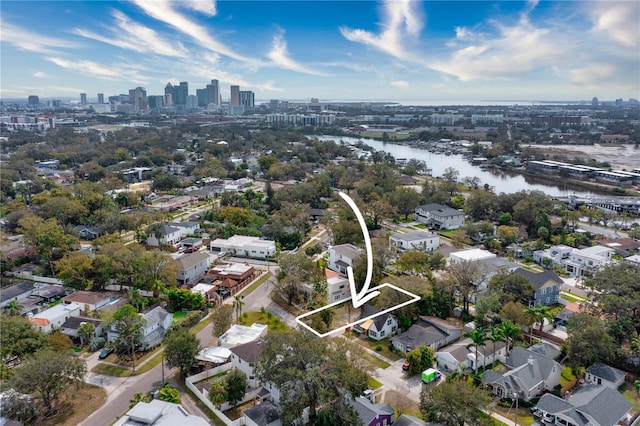 drone / aerial view with a water view and a city view