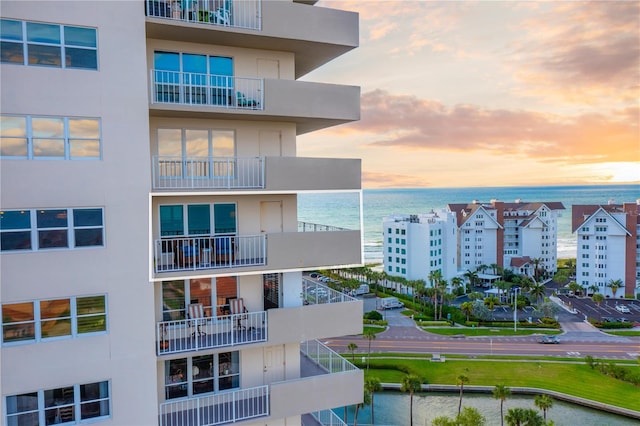 exterior space with a water view