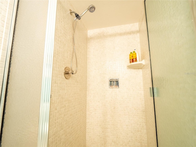 bathroom with a shower with door