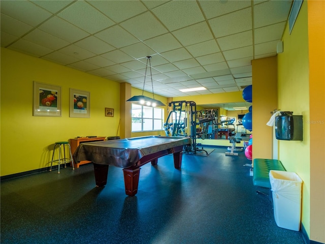 game room featuring pool table and a paneled ceiling