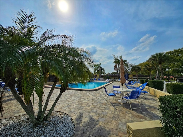 view of swimming pool featuring a patio area