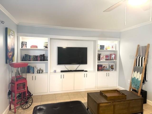 tiled living room with crown molding and ceiling fan