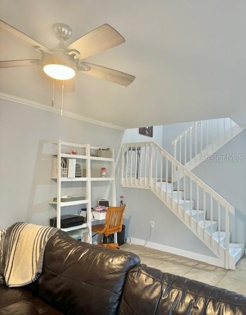 tiled living room featuring crown molding and ceiling fan