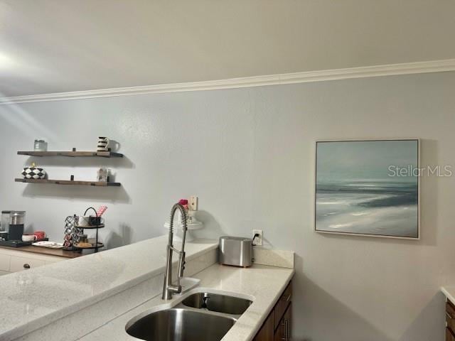 kitchen with dark brown cabinets, ornamental molding, sink, and light stone counters