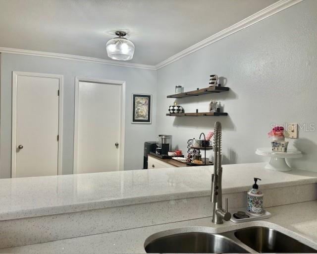 interior space with light stone counters, sink, and ornamental molding