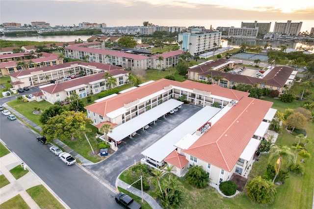 view of aerial view at dusk