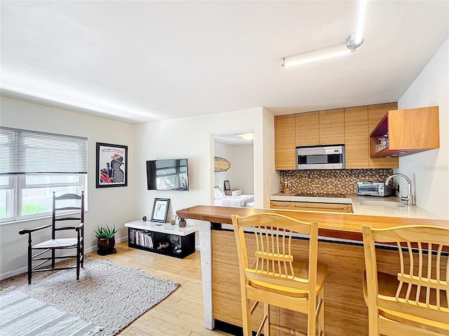 kitchen featuring tasteful backsplash, sink, and light hardwood / wood-style flooring