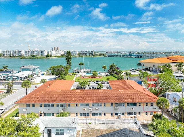 birds eye view of property featuring a water view