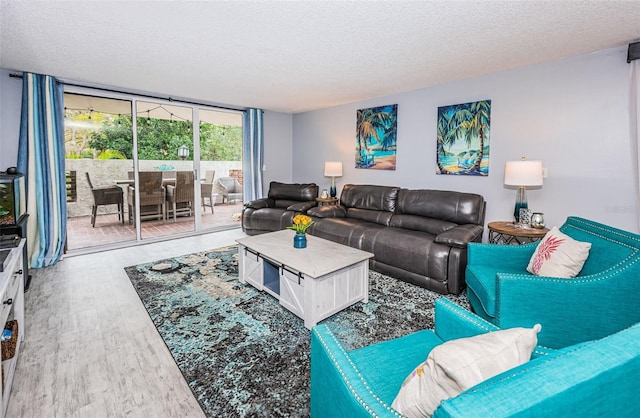 living room with expansive windows, a textured ceiling, and hardwood / wood-style flooring