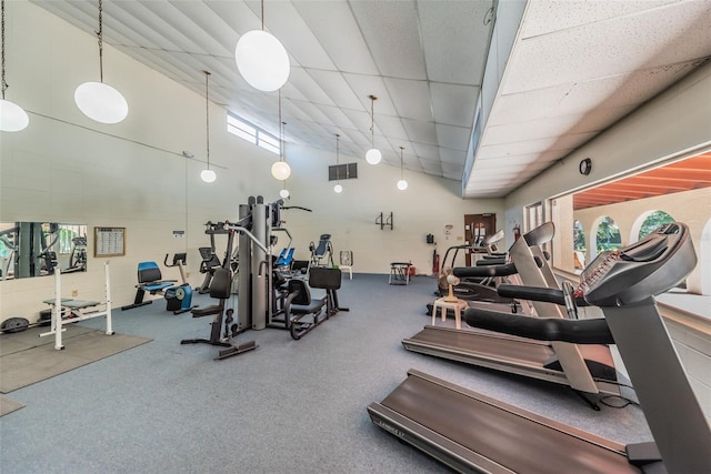 exercise room featuring a high ceiling, a drop ceiling, and a wealth of natural light