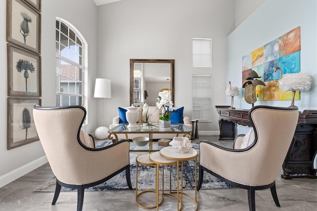 sitting room featuring a towering ceiling