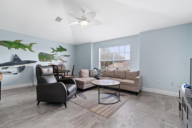 living room featuring ceiling fan, light tile floors, and lofted ceiling