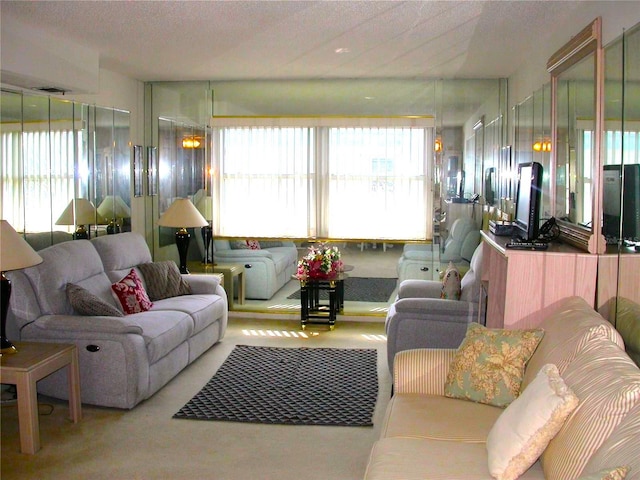 living room featuring light carpet and a textured ceiling