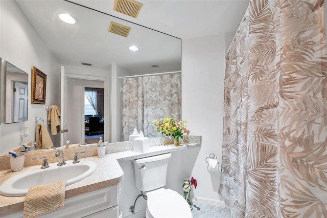 full bathroom with recessed lighting, visible vents, vanity, and toilet