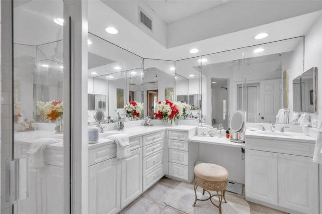 full bath with ceiling fan, vanity, visible vents, and recessed lighting