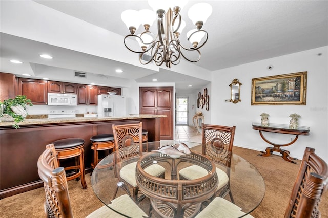 dining area with recessed lighting, light colored carpet, visible vents, and an inviting chandelier