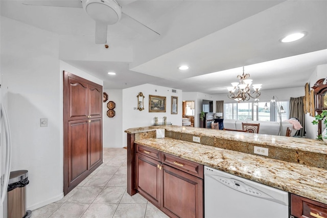 kitchen featuring light tile patterned floors, recessed lighting, dishwasher, light stone counters, and ceiling fan with notable chandelier