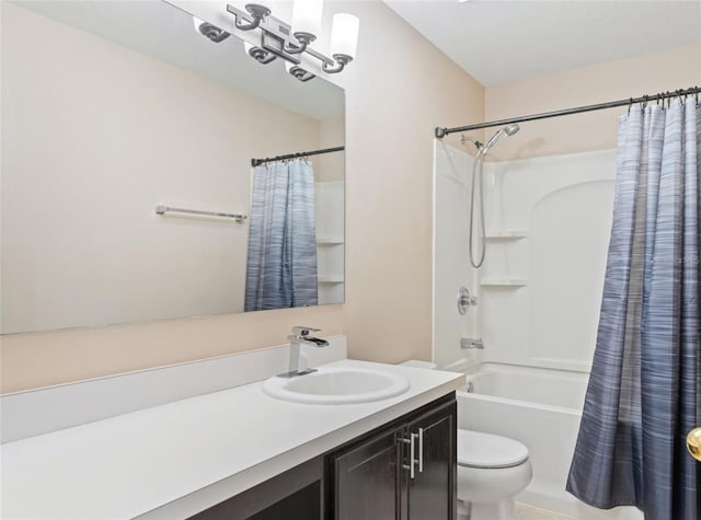 full bathroom featuring toilet, shower / bathtub combination with curtain, and vanity