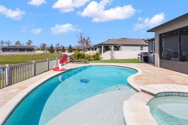 view of pool featuring area for grilling, a residential view, a fenced in pool, and fence