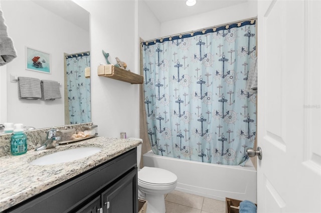 bathroom featuring toilet, shower / tub combo, tile patterned flooring, and vanity